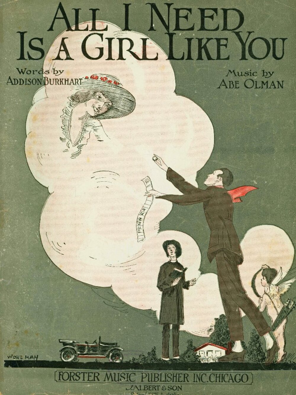 "ALL I NEED IS A GIRL LIKE YOU" Antique 11 x 14 Sheet Music- Olman/Burkhart-1917